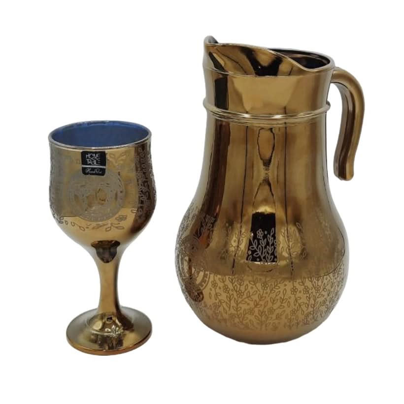 Small Leaves and Flower Nova Golden Jug Glass Set with WINE glass 7PC (Glassware)