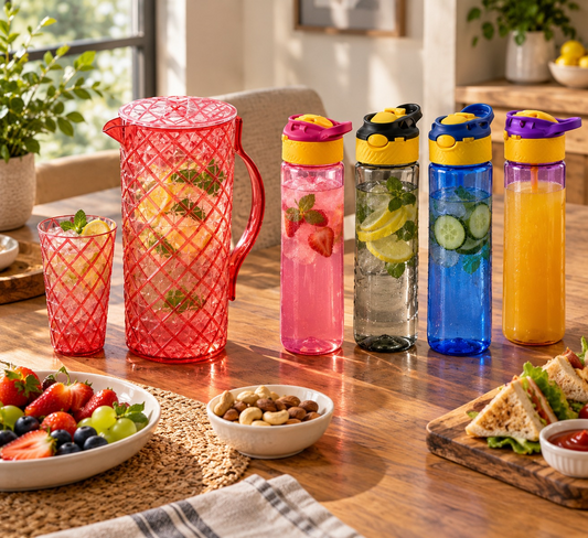 Diamond Red Elegance Combo – 7PC Dual-Color Water Set + 4 Sports Bottle