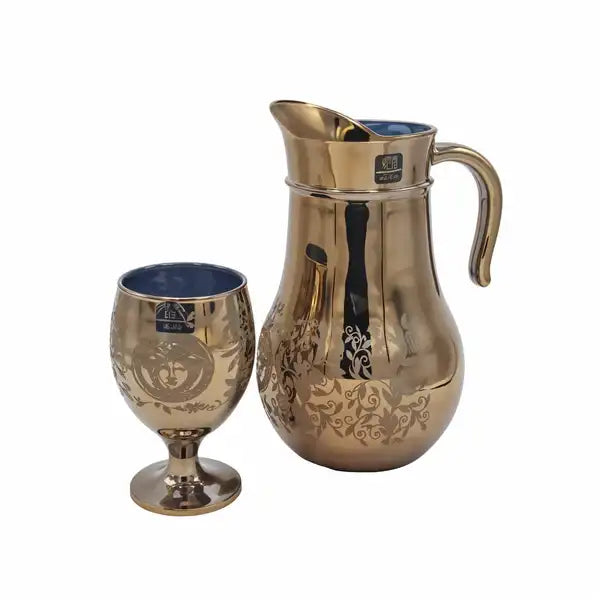 Leaves Printed Nova Golden Jug Glass Set with WINE glass 7PC (Glassware)