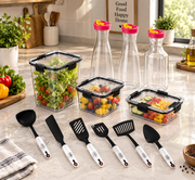 Master Kitchen Prep & Storage Set – 6 Spoons, 3 Airtight Storage Containers & 3 Fridge Bottles