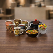 Royal Tea Time & Dessert Mega Set – 6 Printed Mugs, 6 Opal Black Plates , 1 Big Serving Bowl & 6 Crystal-clear Generation Bowls