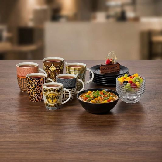 Royal Tea Time & Dessert Mega Set – 6 Printed Mugs, 6 Opal Black Plates , 1 Big Serving Bowl & 6 Crystal-clear Generation Bowls