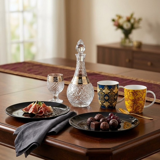 Bingo Gold 7PC Water Set with 2 Opal Black Dinner Plates & 2 Ceramic Mugs