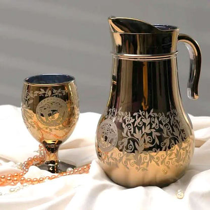 Leaves Printed Nova Golden Jug Glass Set with WINE glass 7PC (Glassware)