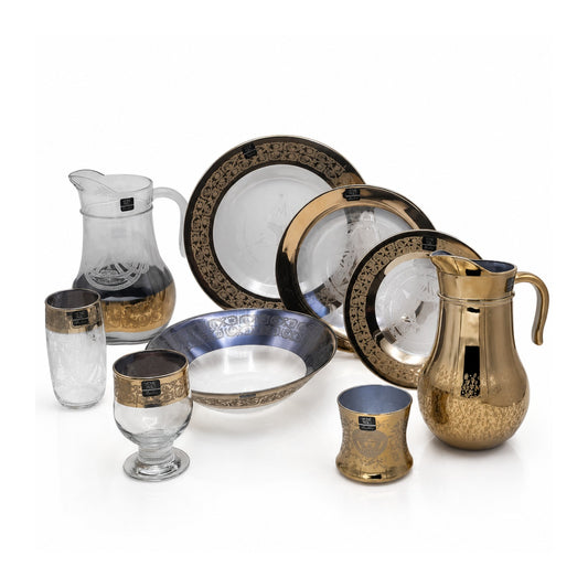 Royal Golden Feast Set – 32-Piece Dinnerware + 7-Piece Textured Carafe Set 1 Jug & 6 Glass