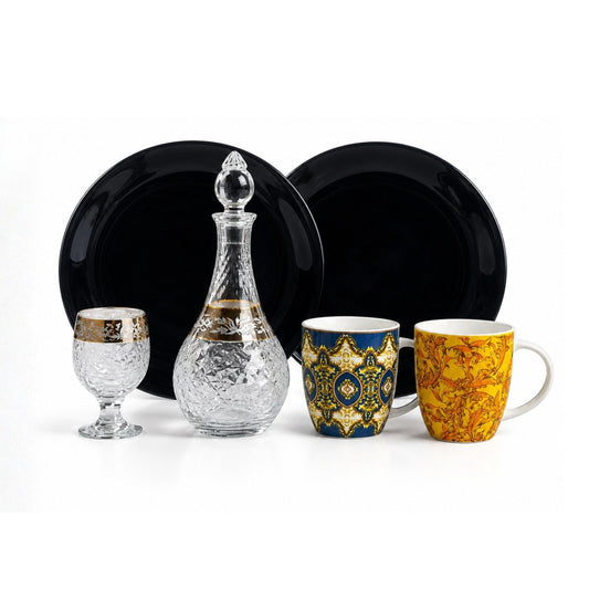Bingo Gold 7PC Water Set with 2 Opal Black Dinner Plates & 2 Ceramic Mugs