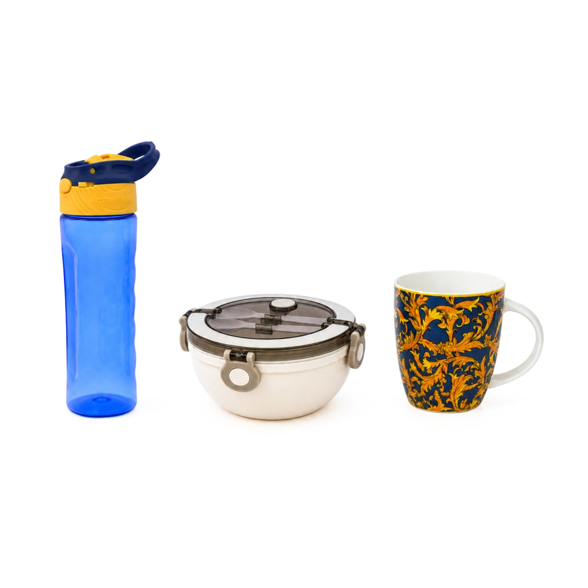 Pro Essentials Trio – Hydration Bottle + Round Lunch Box + Coffee Mug