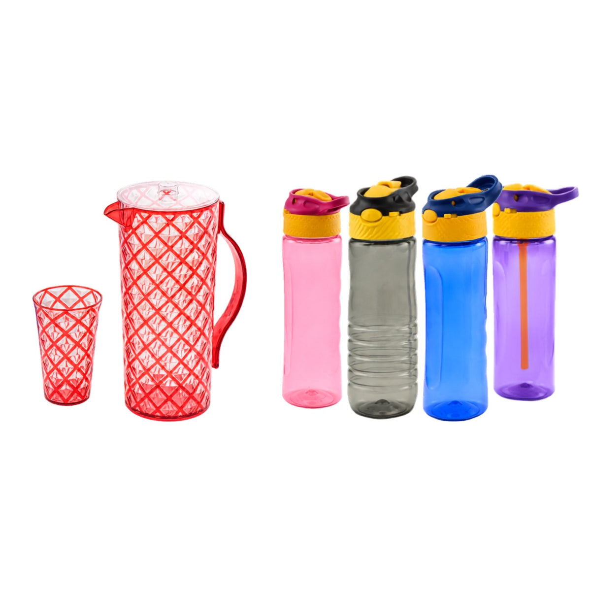 Diamond Red Elegance Combo – 7PC Dual-Color Water Set + 4 Sports Bottle