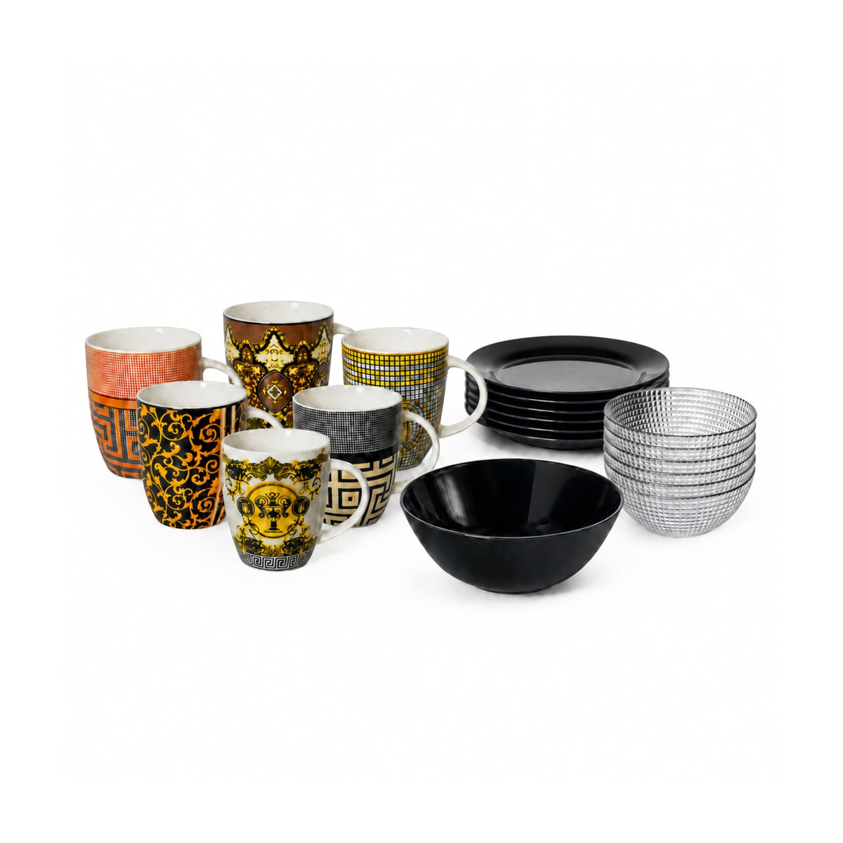 Royal Tea Time & Dessert Mega Set – 6 Printed Mugs, 6 Opal Black Plates , 1 Big Serving Bowl & 6 Crystal-clear Generation Bowls